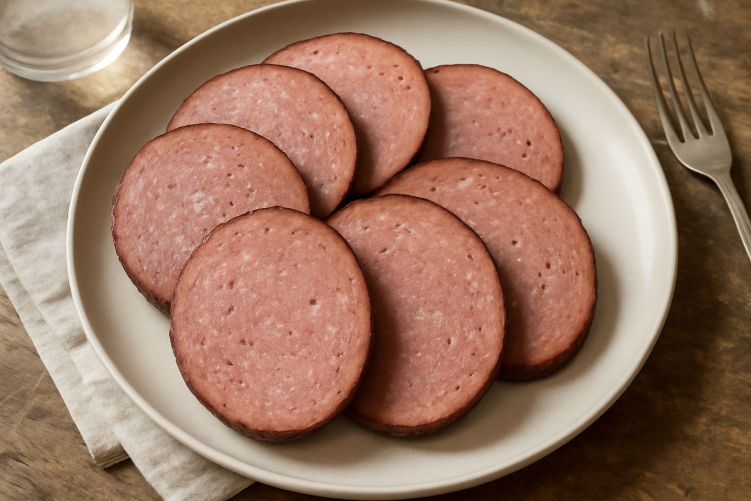 Fette di mortadella trentina affumicata di colore rosa-bruno adagiate su un piatto bianco, con marmo grigio di fondo e un coltello in acciaio