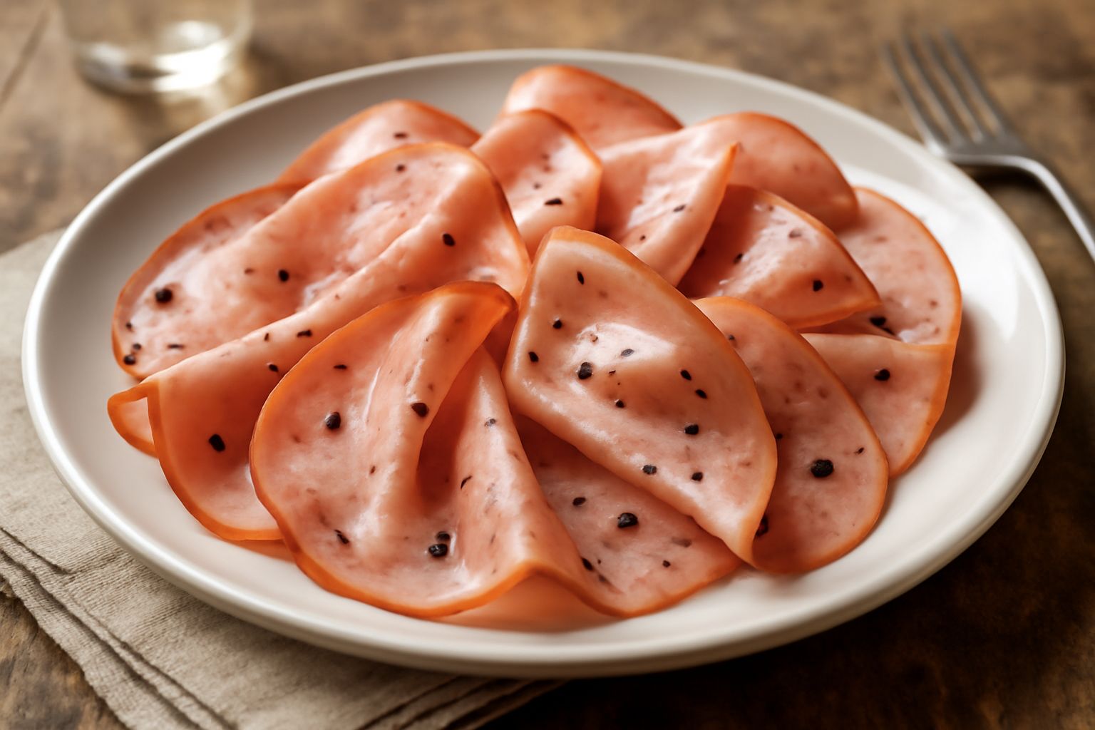 Mortadella triestina affettata finemente disposta a ventaglio su piatto bianco, con sfumature rosate e macchioline di pepe visibili, guarnita con olive verdi e pane tostato ai bordi