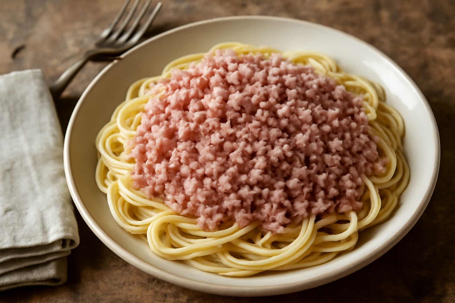 Mortadella tritata fine di colore rosa pallido con venature di grasso bianco, ammassata in un piatto bianco, servita come condimento su pasta penne gialla con una spolverata di pepe nero