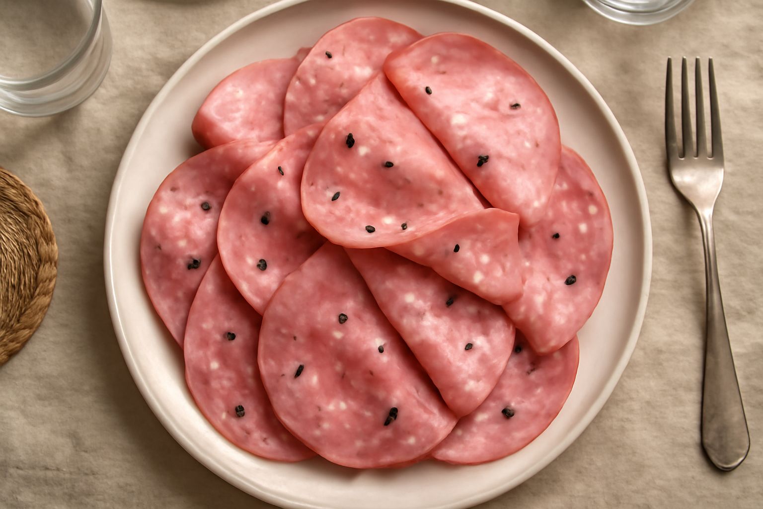 Fette di mortadella veneta rosa su un tagliere di legno, con grani di pepe nero ben visibili sulla superficie, accompagnate da pane toscano tostato e una ciotola di mostarda bianca