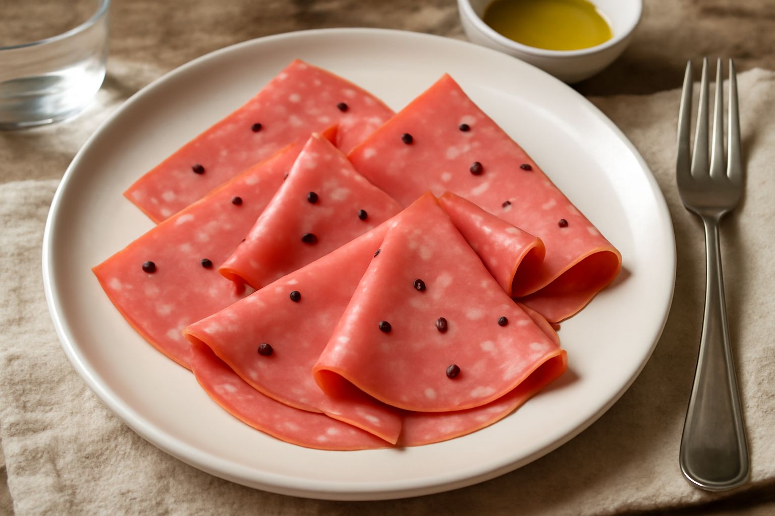 Mortadella vicentina affettata su un tagliere di legno, con fette rosa e bianche alternate, puntini neri di pepe ben visibili, servita con pane toscano e un bicchiere di vino rosso