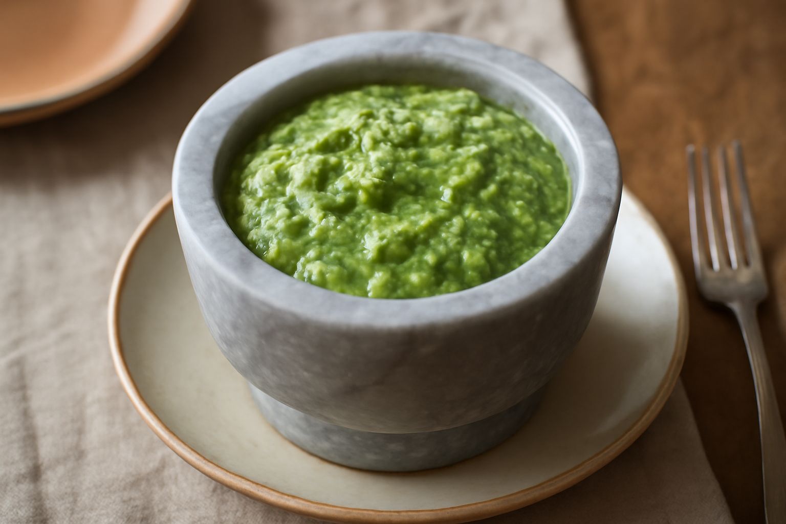 Mortaio di marmo grigio pieno di pasta verde chiara, con aglio tritato e prezzemolo visibili, sparsi sulla superficie polvere verde, cucchiaino di legno dentro