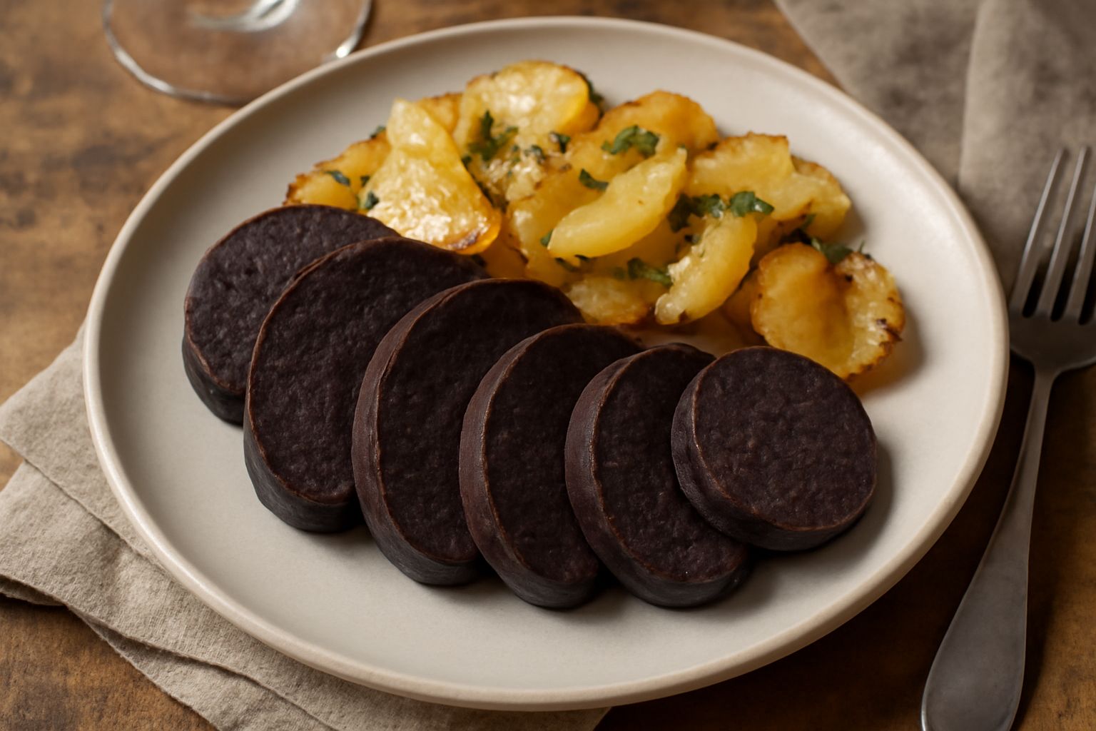 Morzella affettata su un piatto bianco, pezzi di insaccato scuro con texture uniforme, accompagnati da un contorno di purea di patate cremosa e rosmarino fresco