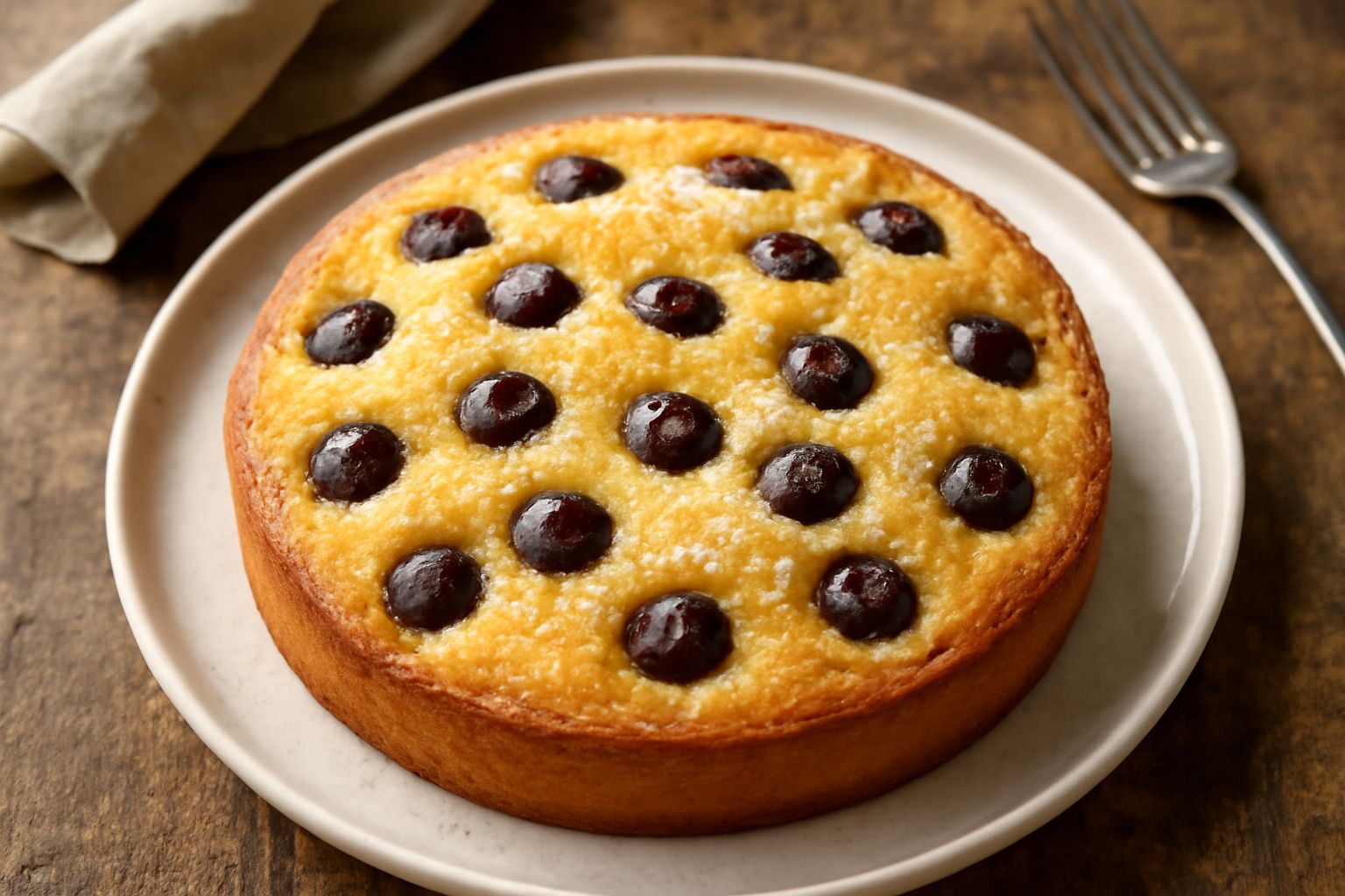Moscadello appena sfornato, color dorato con superficie leggermente croccante, uva moscato intera visibile sulla superficie, impiattato su piatto bianco con spolverata di zucchero a velo