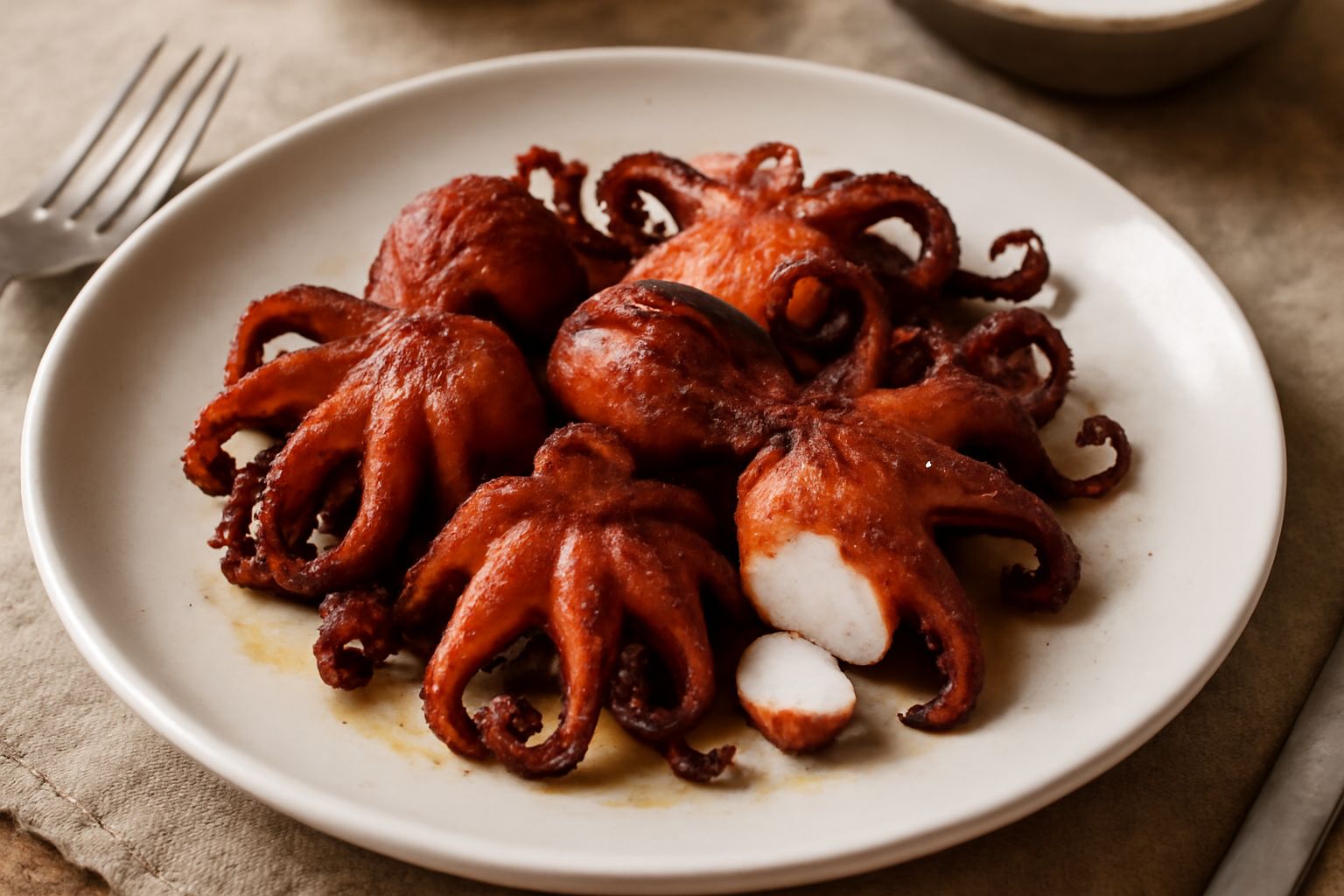 Moscardini arrostiti dorati e croccanti disposti nel piatto bianco con spicchi di limone, prezzemolo fresco e gocce di olio extra vergine, contorno di verdure grigliate sfocate