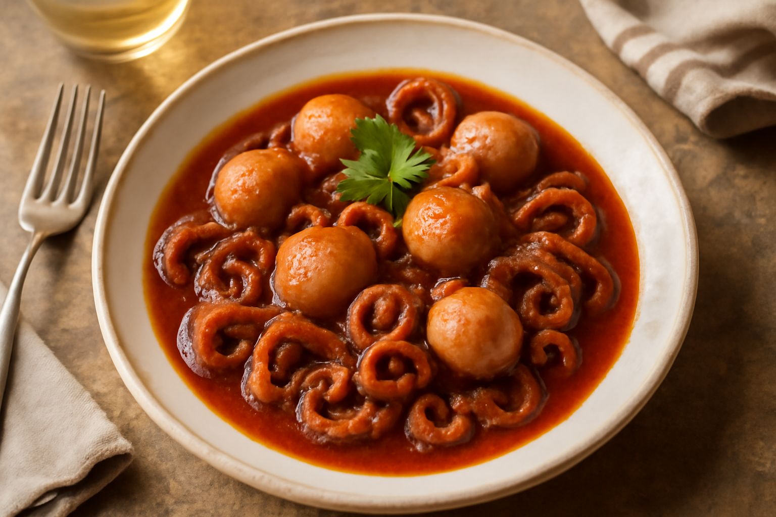 Moscardini rosati e teneri in umido nel piatto, ricoperti di salsa di pomodoro scura, guarniti di prezzemolo verde fresco, circondati dal liquido di cottura denso