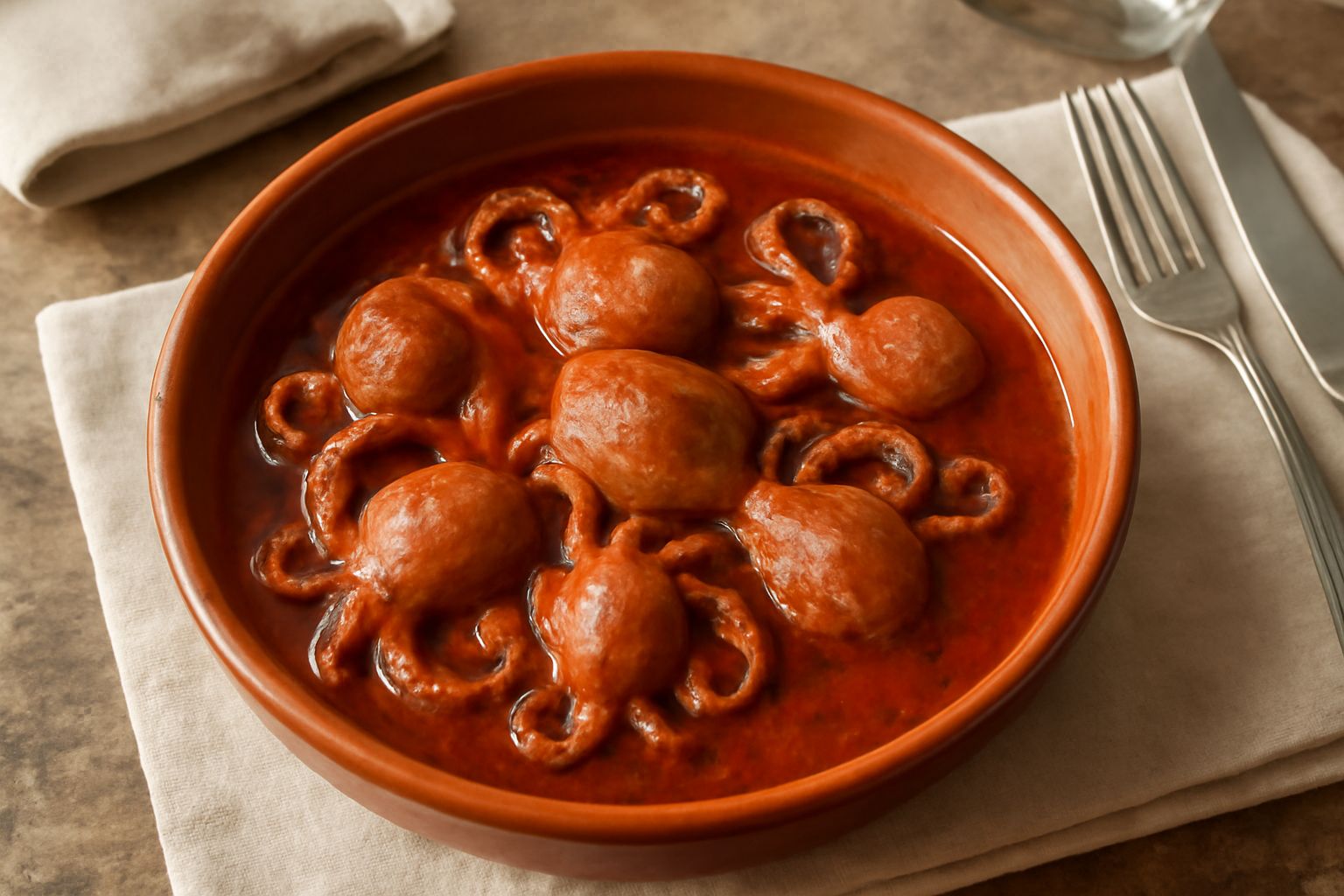 Moscardini piccoli color marrone rossiccio in un tegame rotondo con salsa di pomodoro, aglio e erbe, contornati da prezzemolo fresco