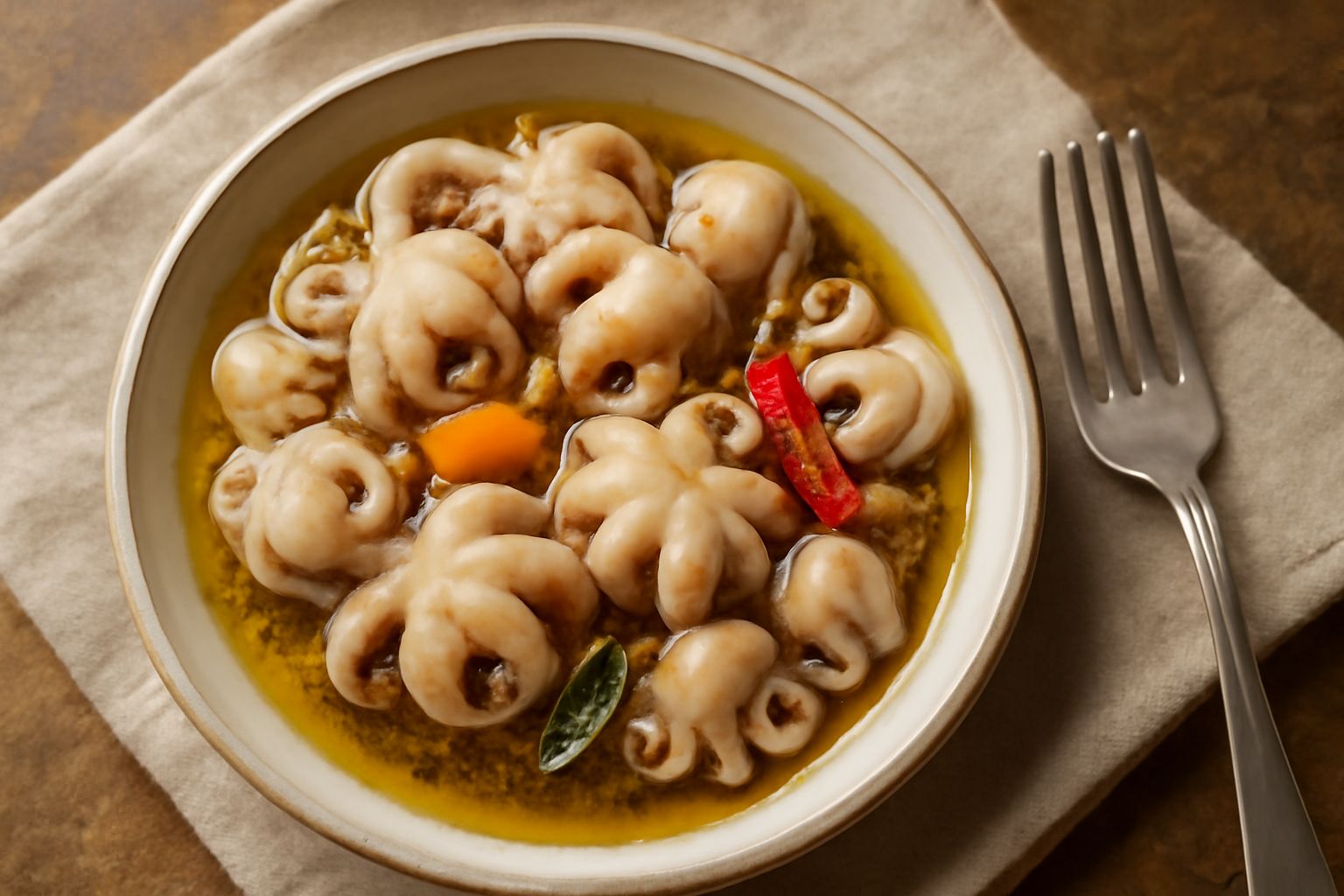 Barattolo di vetro con moscardini piccoli immersi in olio giallo trasparente, aglio bianco e peperoncino rosso visibili tra gli tentacoli, su fondo bianco