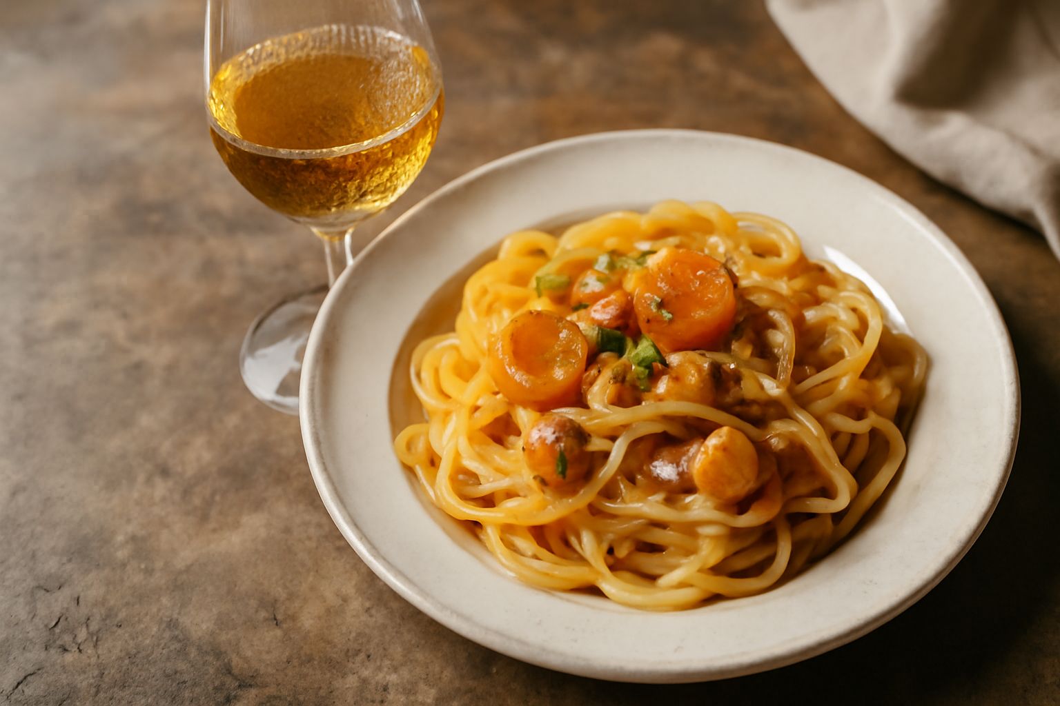 Bicchiere di Moscatello di Terracina color ambrato dorato, con luce che filtra nel liquido trasparente, su sfondo bianco con uva Moscato gialla sullo sfondo sfocato