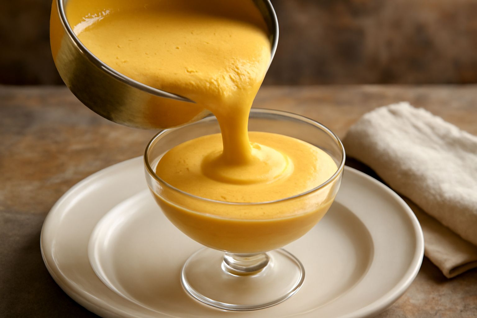 Bicchiere di Moscato d'Asti frizzante color giallo paglierino con effervescenza visibile, accanto a pesca fresca, savoiardi e cucchiaio di legno su tavolo grigio