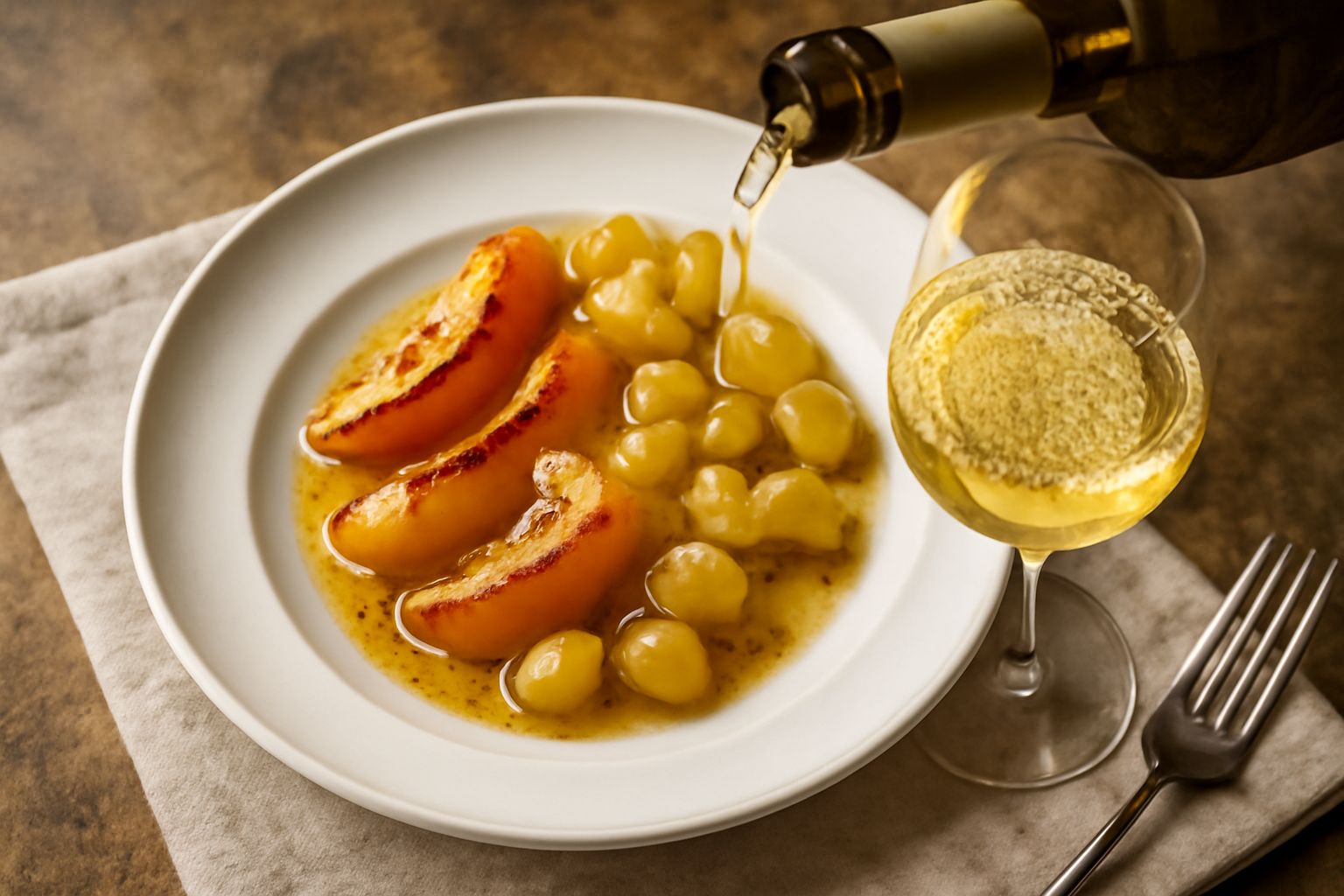 Un bicchiere di Moscato Bianco trasparente e dorato accanto a una ciotola di frutta fresca e a una pentola con risotto cremoso, su un tavolo di legno chiaro