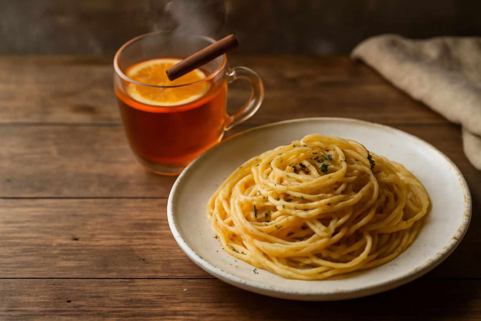 Bicchiere di vetro trasparente riempito di Moscato d'Asti caldo di colore ambrato dorato, con una fetta di arancia fresca sulla spalla del bicchiere, uno stecco di cannella e vapore leggero che sale d