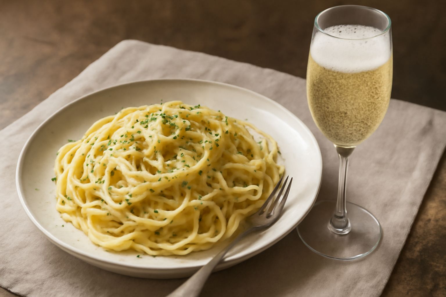 Bicchiere di Moscato d'Asti spumante con bollicine visibili, colore giallo paglierino, servito in flute fredda su tavolo di legno con uva moscato e biscotti accanto