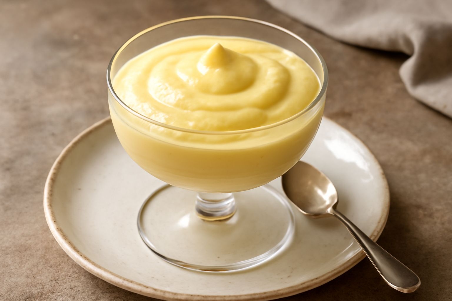 Zabaione in coppa di vetro di colore giallo chiaro e luminoso, con consistenza cremosa e spumosa, guarnito con polvere di cacao marrone e biscotto savoiardo a lato su tavolo bianco