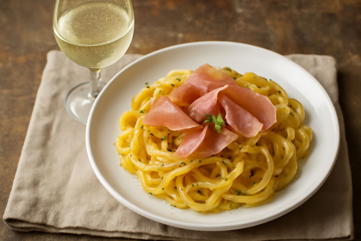 Calice trasparente di Moscato dei Sibillini, color giallo paglierino con riflessi dorati, servito su tavolo di legno accanto a due biscotti secchi e un piatto bianco, sfondo con bottiglie sfocate di v