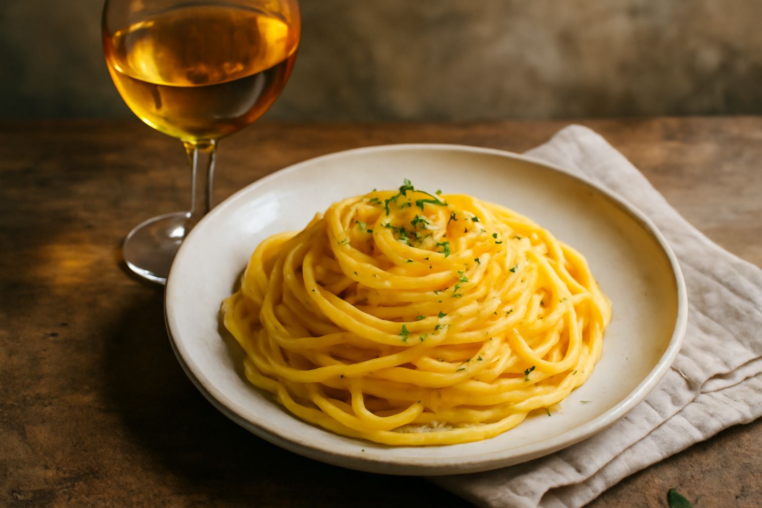 Calice di vetro trasparente con vino bianco paglierino che riflette la luce, con sfumature dorate, posato su una superficie in legno naturale accanto a un grappolo di uva moscato fresca e alcune albic
