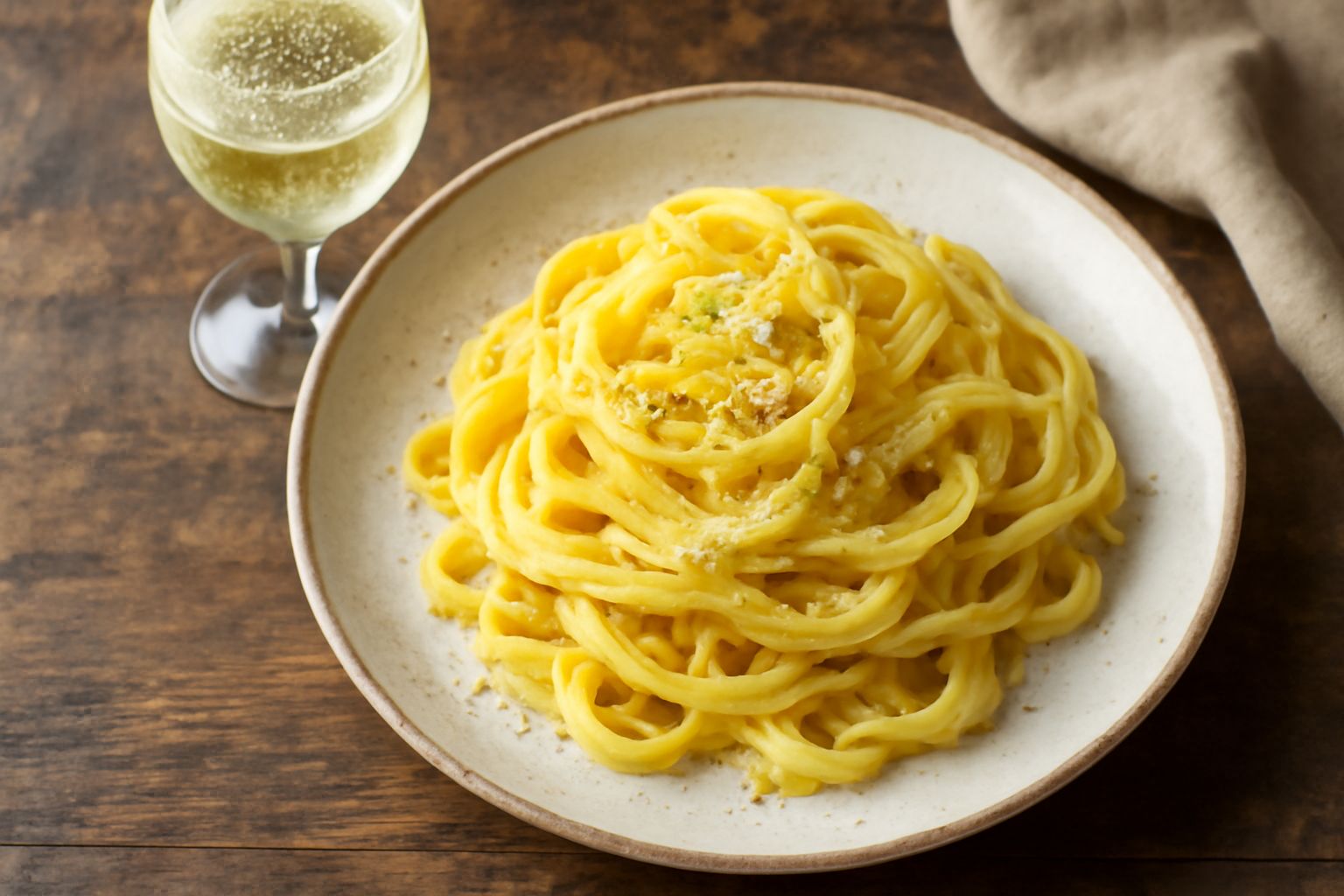 Calice di Moscato di Asti con vino color oro pallido, fini bollicine visibili, servito su tavola bianca con uva moscata e biscotti amaretti accanto