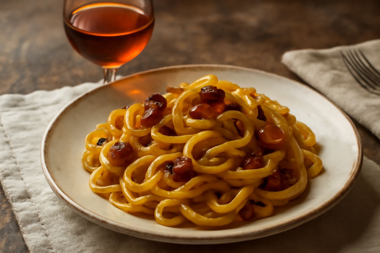 Bicchiere di vino Moscato di Cagliari color ambrato con riflessi dorati, servito in flute raffinato su tovaglia di lino bianco, con un piattino con mandorle tostate di lato
