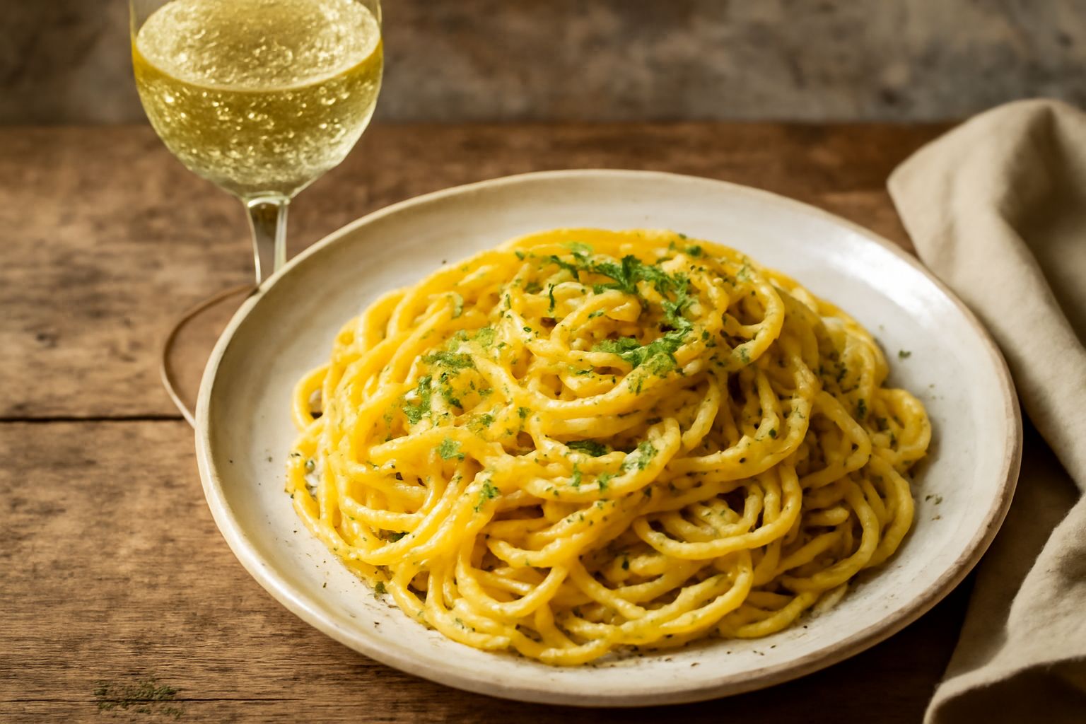 Calice di Moscato di Canelli color paglierino con bollicine visibili, servito in coppa da vino bianca, su tavolo di legno con uva verde accanto e sfondo di cantina in pietra
