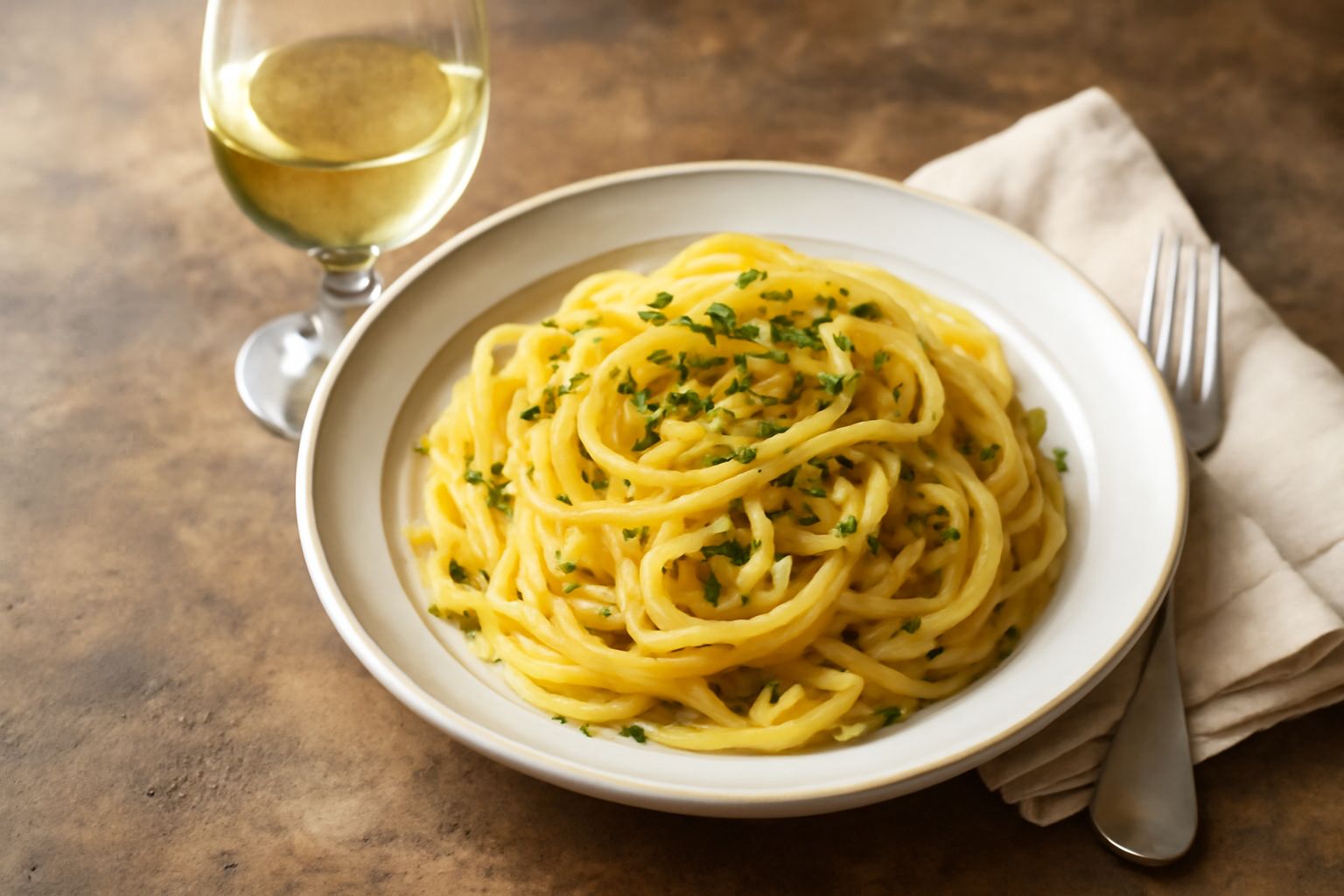 Calice di vetro trasparente con Moscato di Casteggio giallo paglierino, accanto a uva moscato bianca, fragole fresche e biscotti secchi su tavolo di legno naturale
