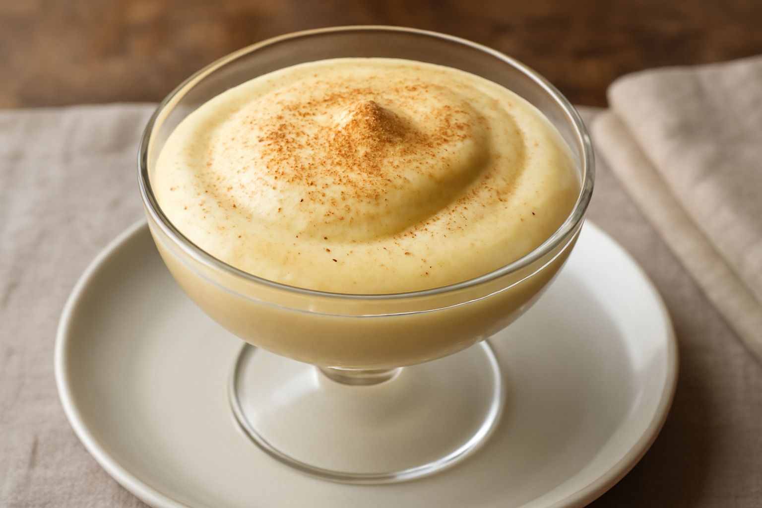 Zabaione al Moscato in coppa di vetro trasparente, cremoso e color champagne, con meringa leggera sulla superficie e biscotto savoiardo appoggiato al bordo