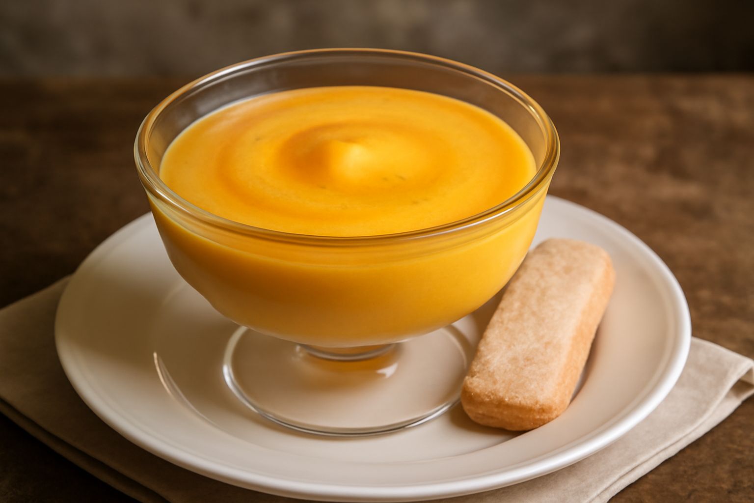 Zabaione cremoso di colore giallo dorato in coppa di vetro trasparente, con superficie liscia e lucida, guarnito con biscotto secco, cucchiaino appoggiato sul bordo