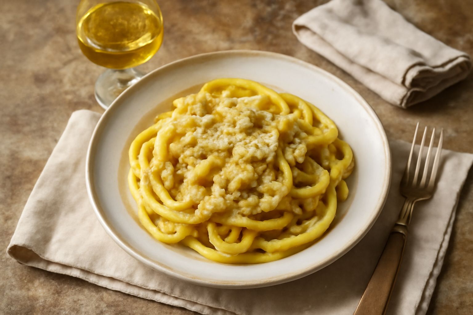 Bicchiere di cristallo con Moscato di Scandiano color giallo paglierino tenue, posato su un tavolo di legno scuro, accanto a biscotti secchi e una coppa di formaggio cremoso