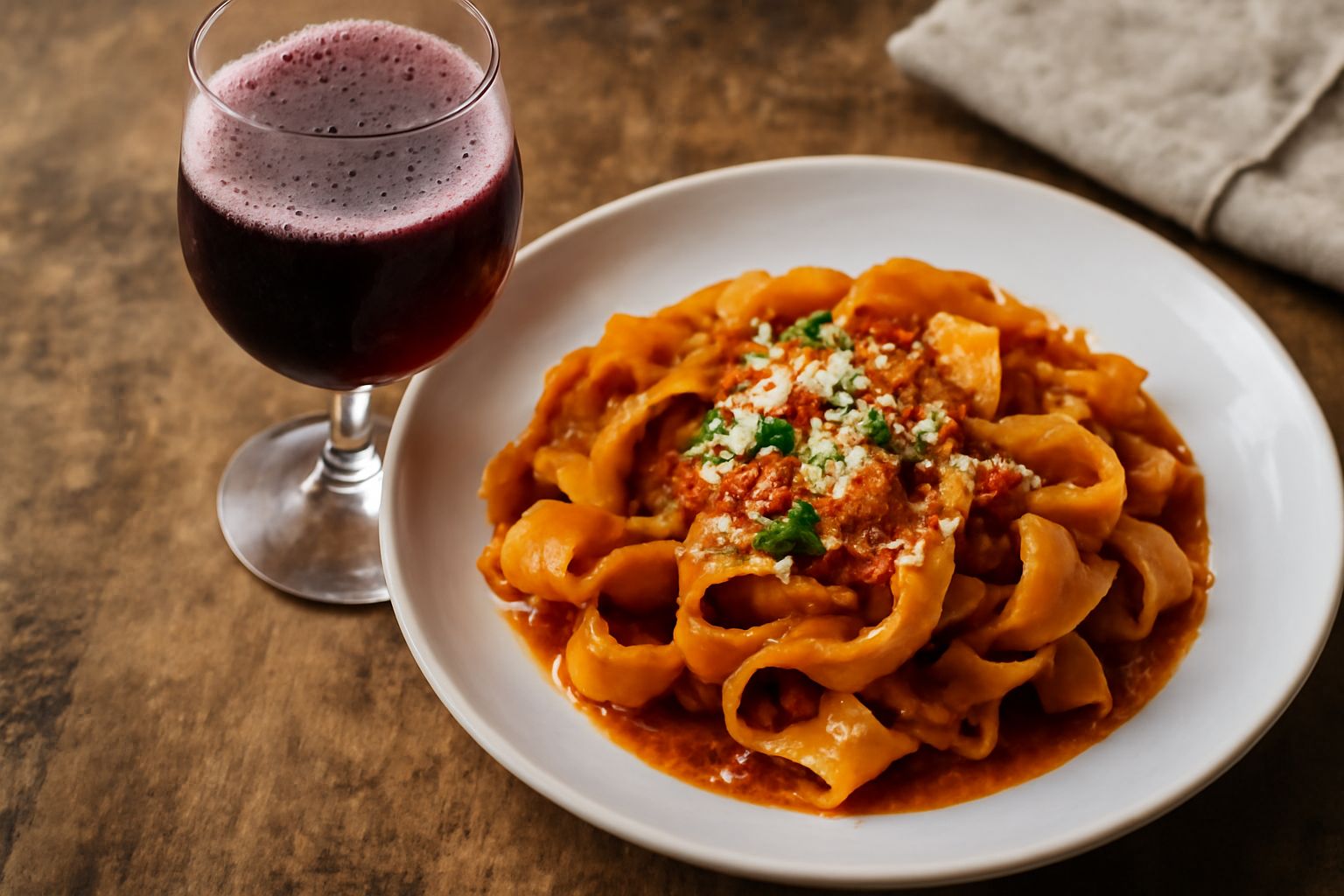 Calice di Moscato di Serrapetrona rosso rubino con bollicine visibili, servito su tavolo bianco con uva nera e biscotti secchi di accompagnamento