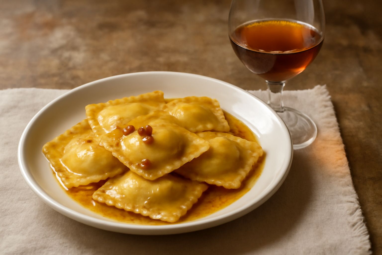 Bicchiere di Moscato di Siracusa color ambrato con riflessi dorati, accanto a grappoli d'uva bianca moscato, frutta fresca e una ciotola di miele