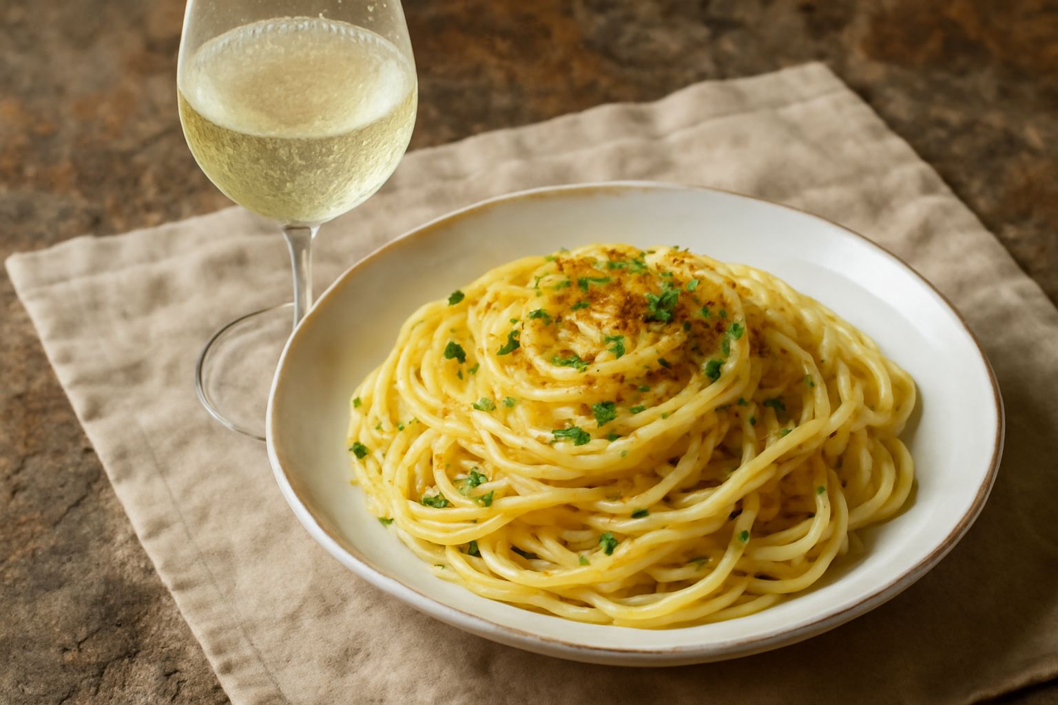 Un calice di vetro trasparente con vino Moscato di Sorso Sennori di colore giallo paglierino, con bollicine visibili, accanto a una tavola di formaggi freschi e uva bianca su fondo di legno naturale, 