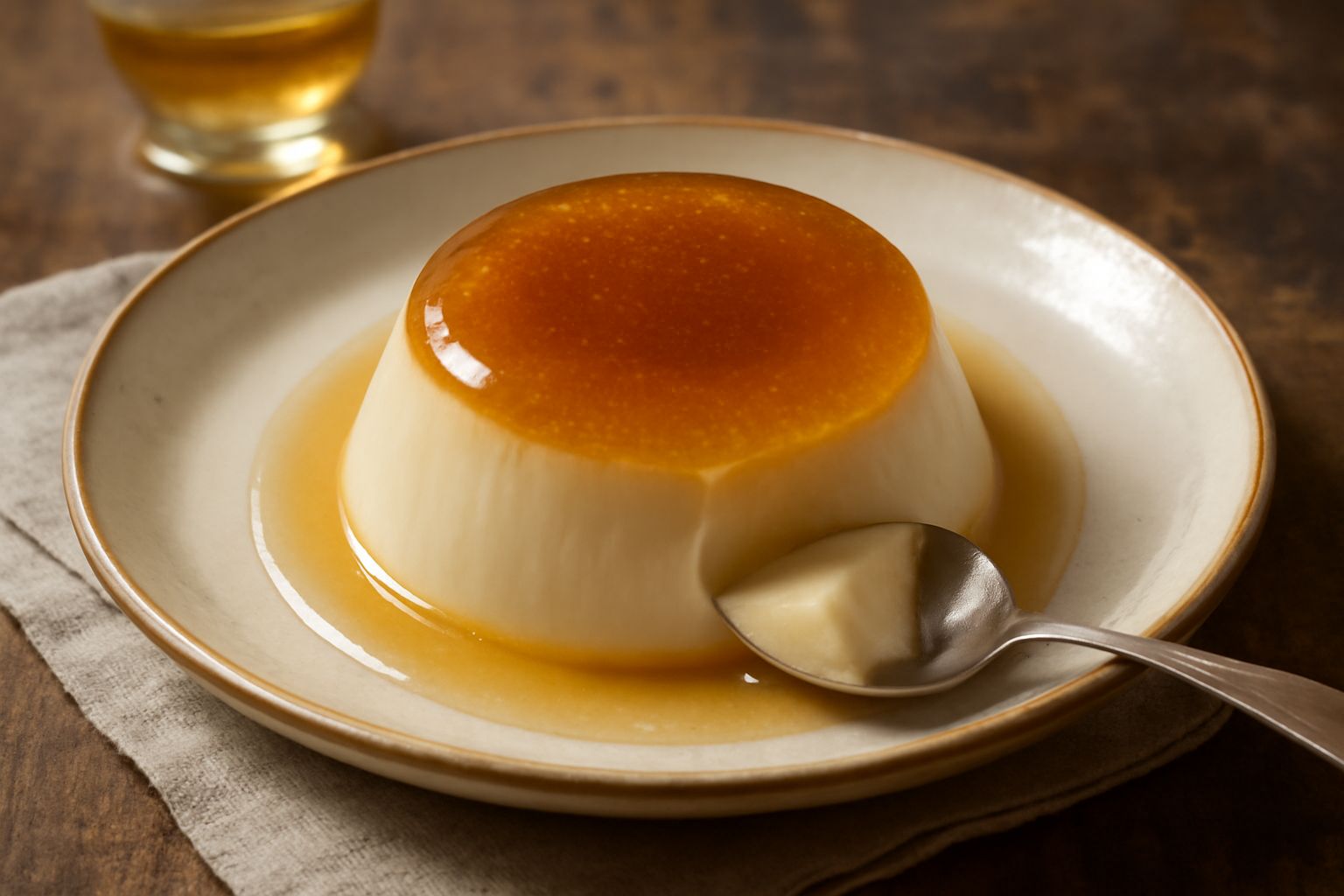 Panna cotta trasparente color ambra con riflessi dorati, servita in coppa di vetro alto, decorata con un rametto di menta fresca e una spruzzata di moscato di Taggia nella ciotola accanto