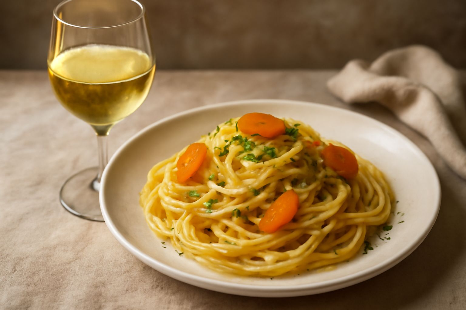 Calice di vetro trasparente con vino Moscato di Terracina color giallo paglierino luminoso, perlato di gocce di condensa, servito su tavolo di legno naturale con uva moscato fresca accanto