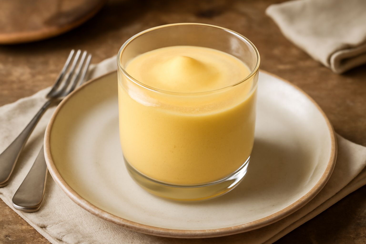 Bicchiere di cristallo con zabaione cremoso giallo paglierino, servito con savoiardi e una bottiglia di Moscato di Torgiano sullo sfondo sfocato