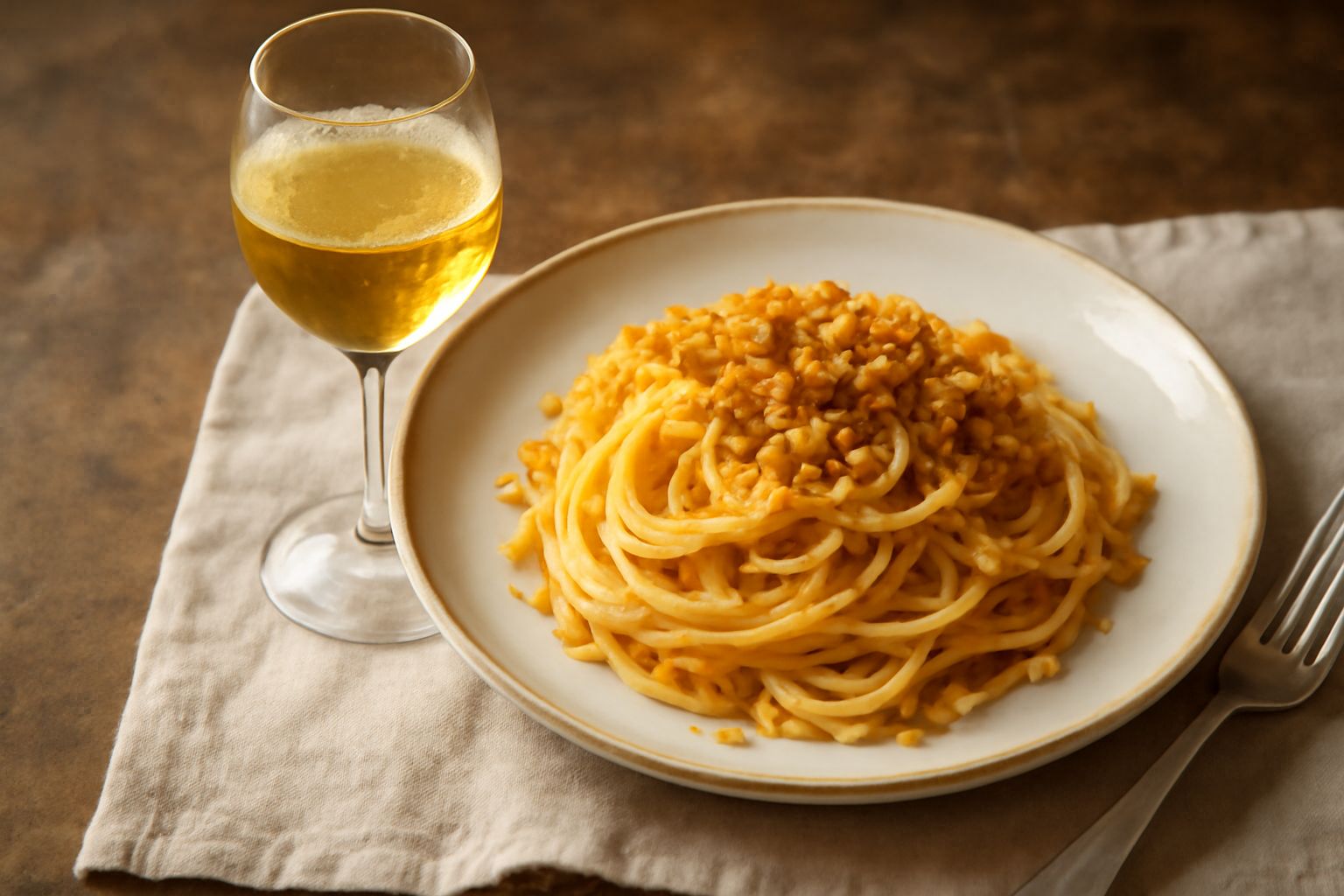 Calice di vetro trasparente riempito di Moscato di Trani color giallo dorato con riflessi chiari, posato su tavolo di legno scuro con grappoli d'uva moscato sullo sfondo sfocato