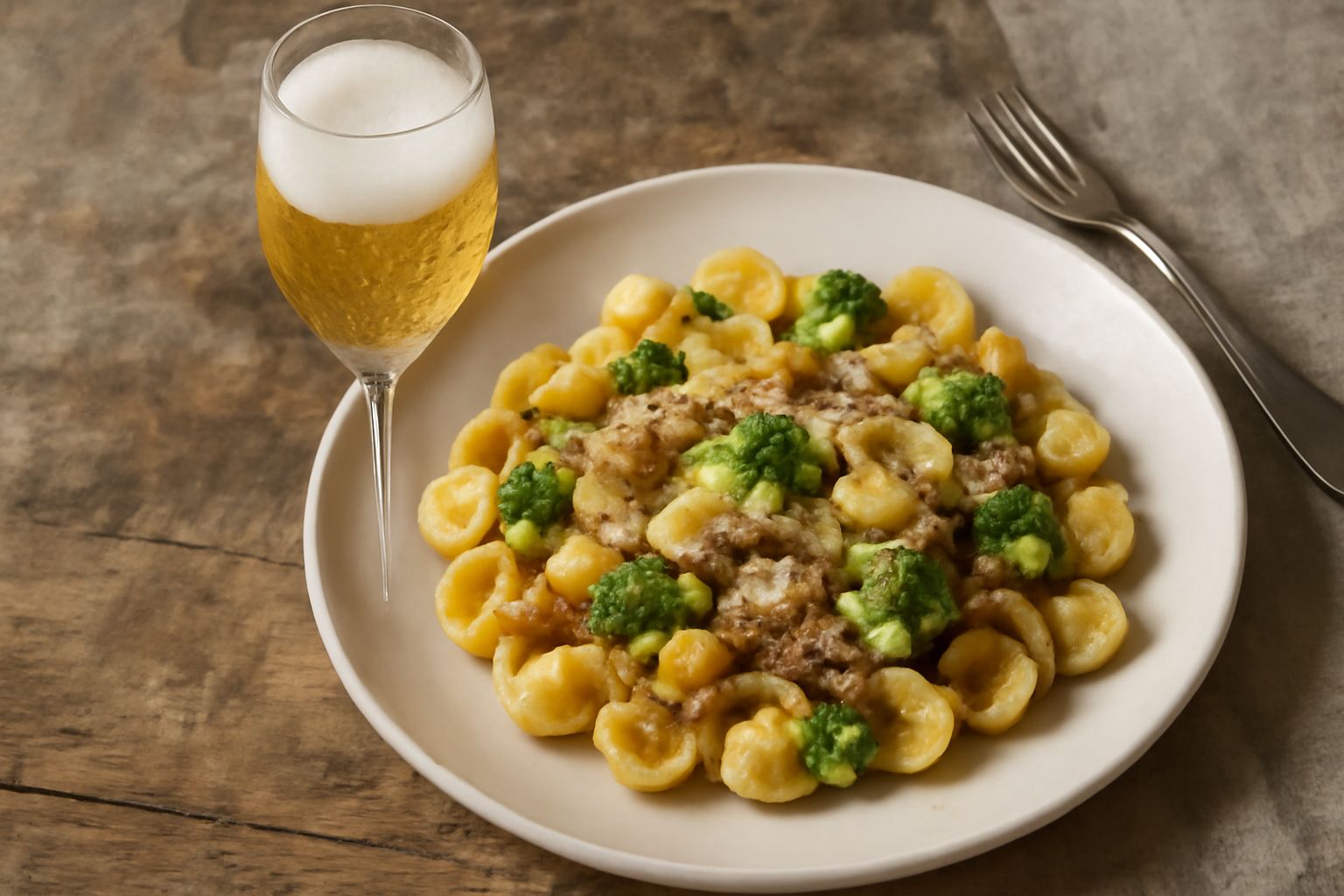 Bicchiere di cristallo trasparente con Moscato di Trani Spumante dal colore giallo paglierino, bollicine fini che salgono dal fondo, servito su tavolo di legno con tovaglia bianca, luce naturale che e
