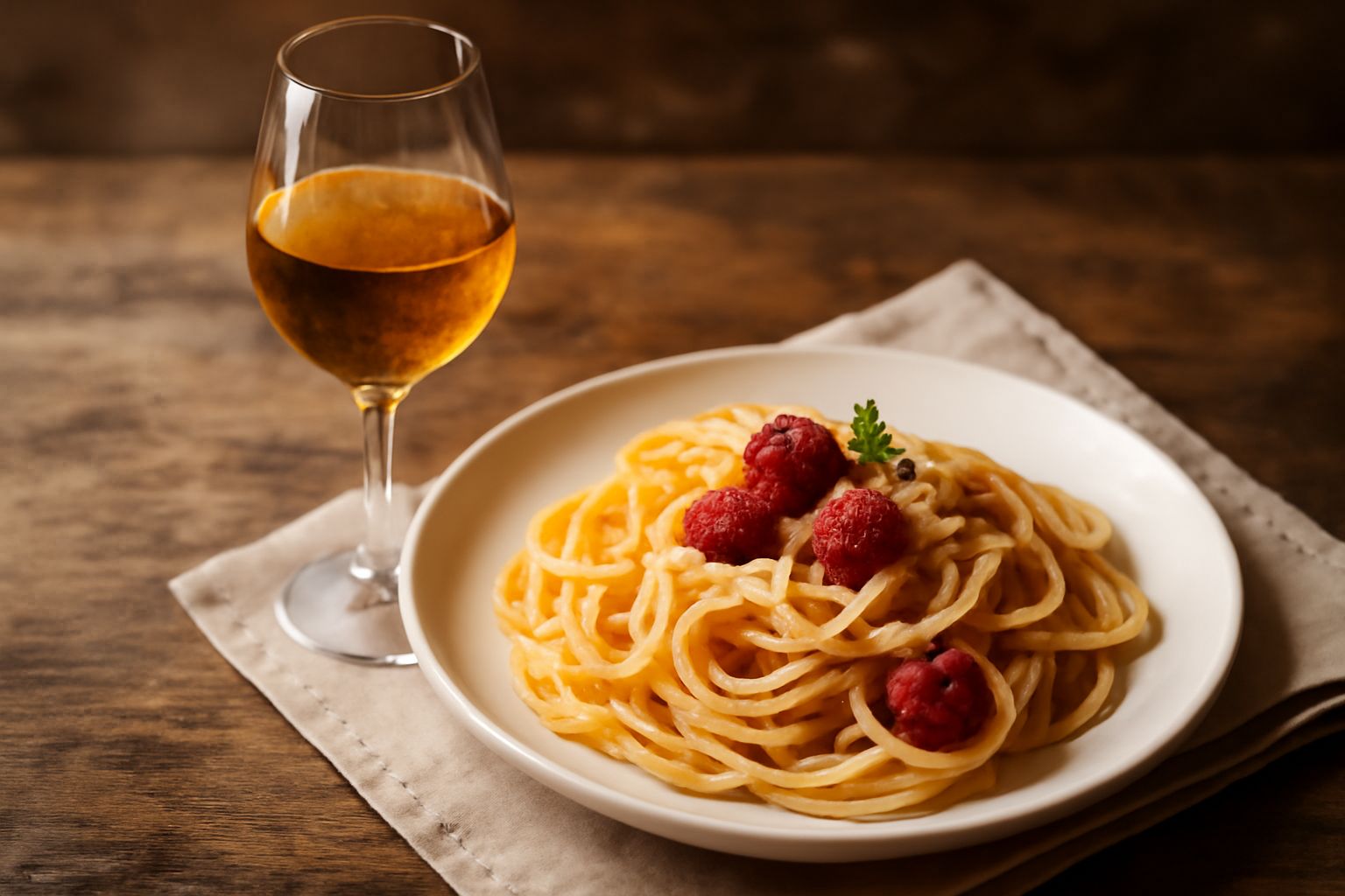 Bicchiere di Moscato dolce giallo paglierino con riflessi dorati, servito in calice trasparente su tavolo bianco, con uva bianca e mandorle sgusciate accanto, gocce di condensa sul vetro