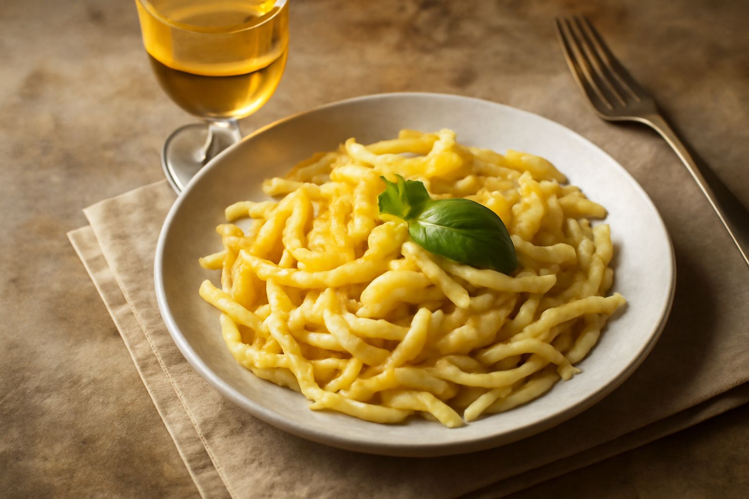 Calice di Moscato dolce ligure con colore giallo dorato, posto su tavolo in legno chiaro con accanto una mela verde e fiori di camomilla; sfondo sfocato con colline liguri