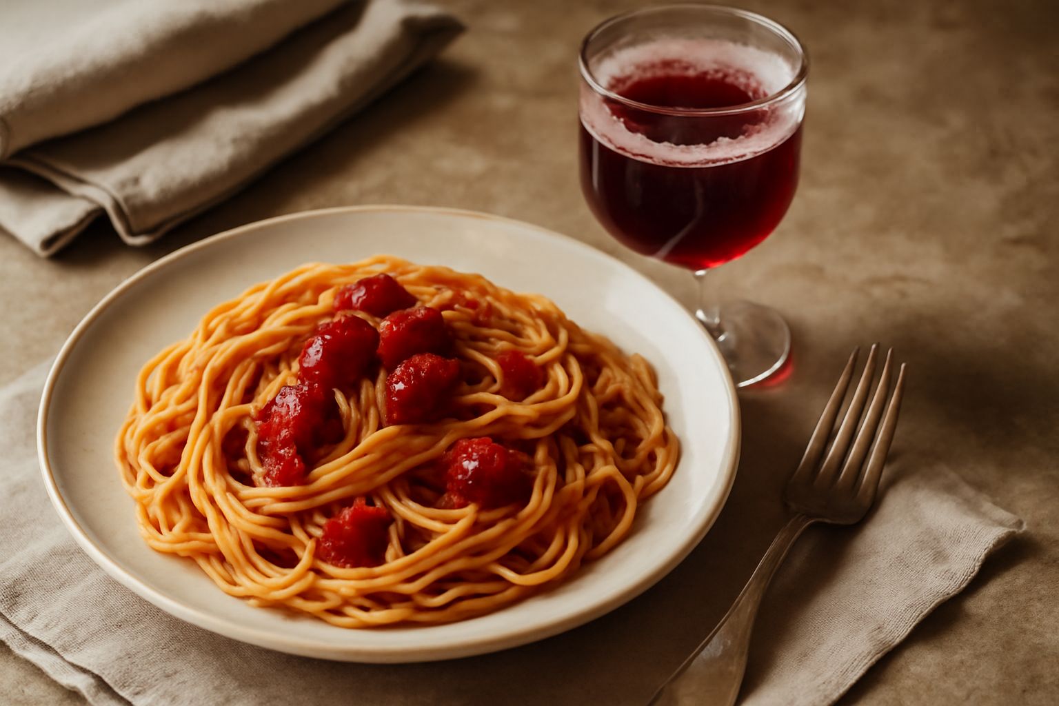Bicchiere di vino Moscato d'Uva Fragola dal colore rosso intenso, con riflessi granato trasparenti, calice di cristallo su tavolo di legno, grappoli d'uva fragola sfocati sullo sfondo