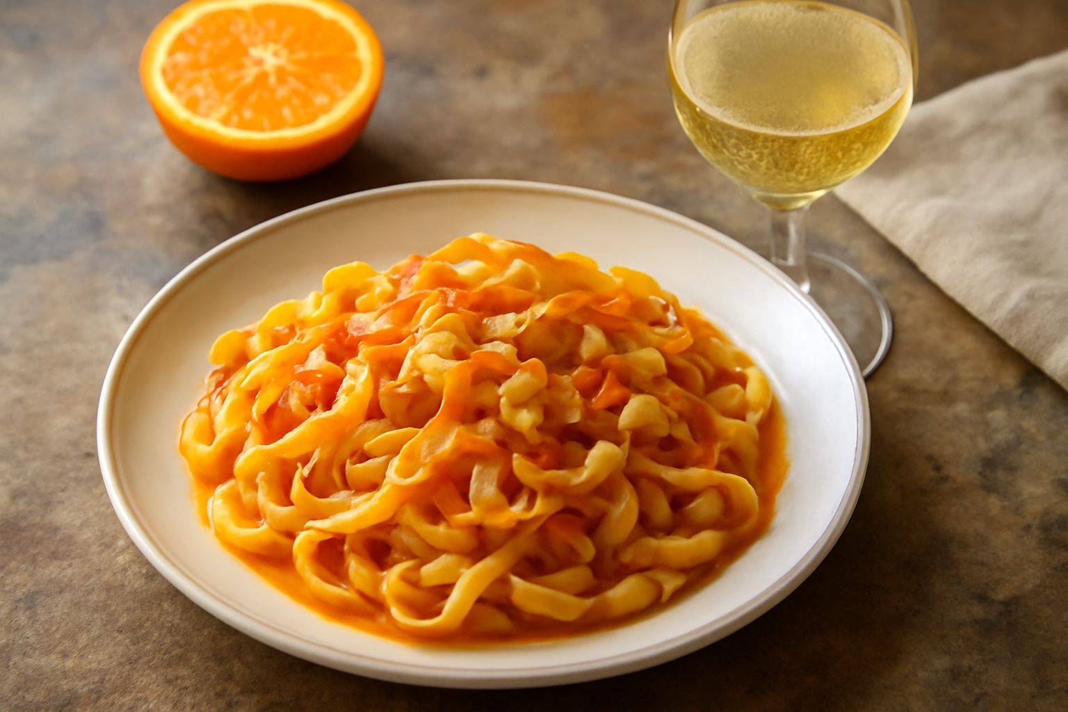 Bicchiere di vetro trasparente con Moscato fior d'arancia giallo paglierino leggermente frizzante, con bollicine che salgono verso l'alto, accanto a uno spicchio di arancia fresca e fiori bianchi di g