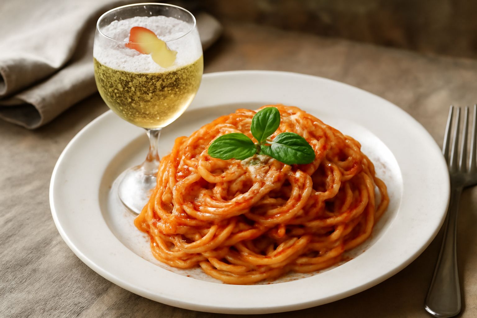 Bicchiere trasparente di moscato frizz color paglierino chiaro con bollicine visibili, guarnito con fetta di pesca e rametto di menta fresca, su tavolo di legno con luce naturale