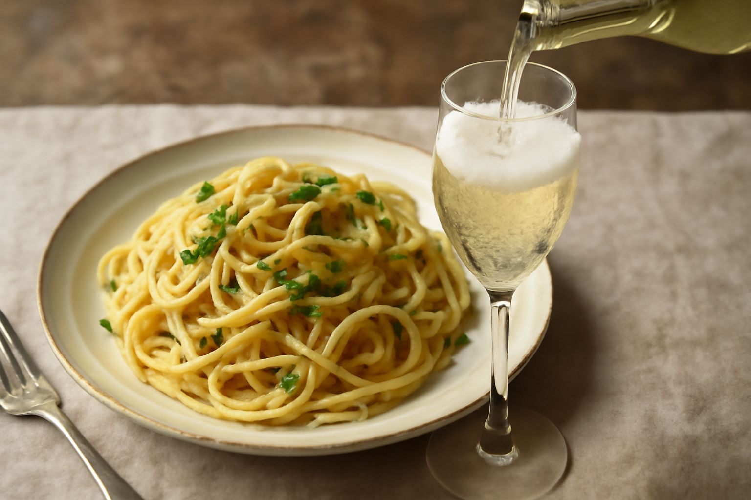 Flute di moscato frizzante con bollicine visibili, servito freddo in bicchieri trasparenti su una tavola bianca, con uva bianca fresca accanto