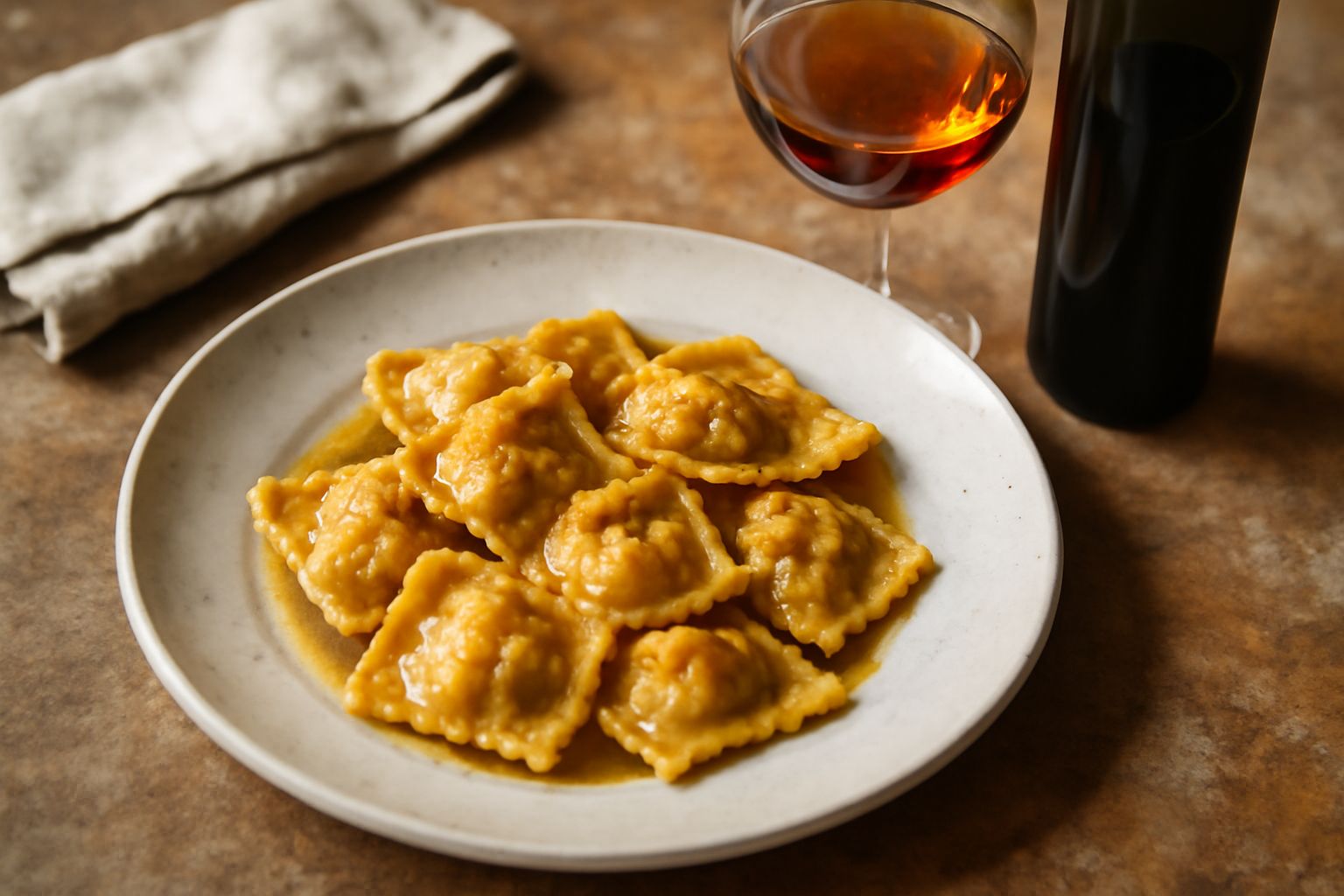 Calice di Moscato Passito color ambrato con riflessi dorati, con sfumature di miele e rame, su fondo scuro con grappoli d'uva appassita e una bottiglia di vetro scuro