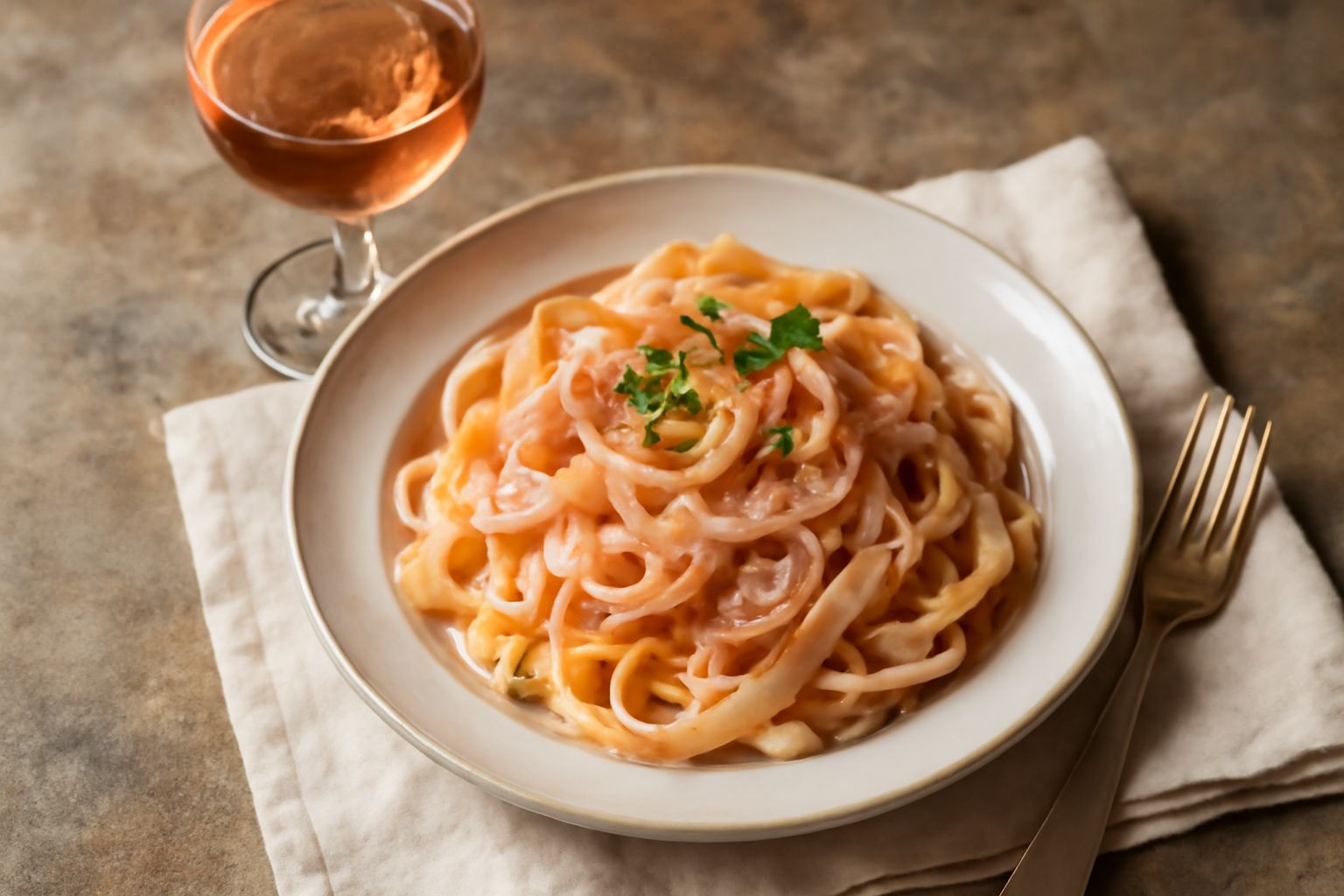 Bicchiere di vino Moscato Rosa rosato con riflessi ambrati, servito freddo in cristallo trasparente, accanto a grappolo d'uva moscato rosa e biscotti secchi su tavolo di legno chiaro