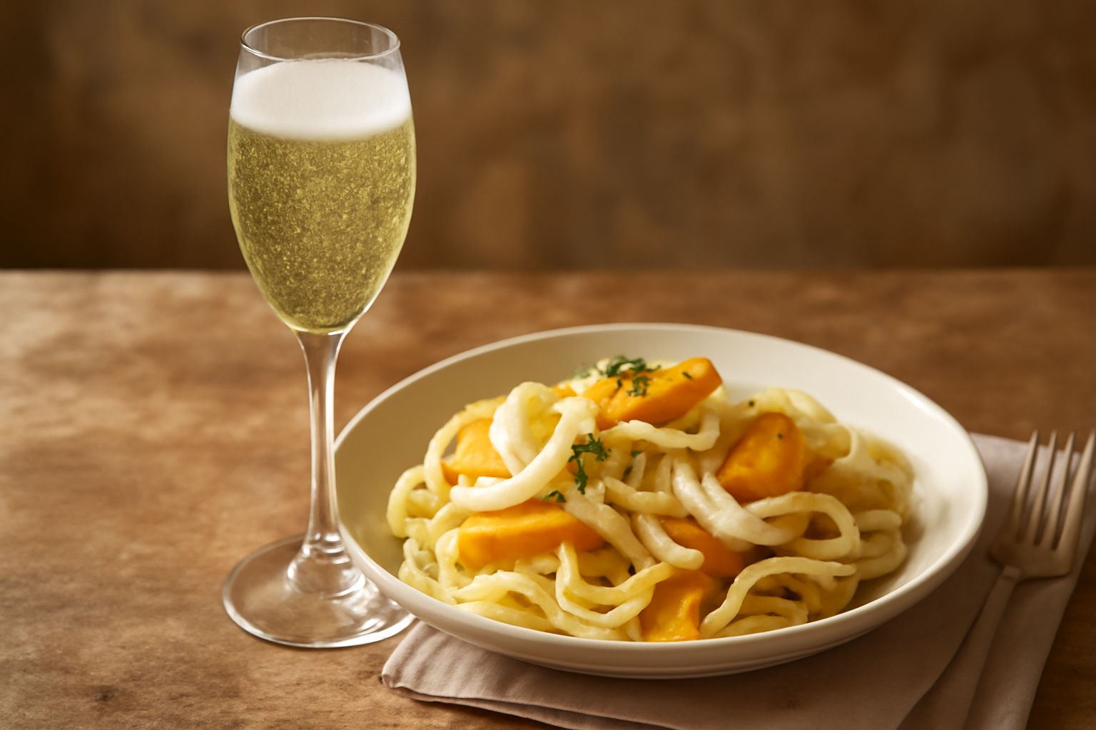Calice di moscato spumante con bollicine visibili, colore giallo paglierino, servito freddo con gocce di condensazione, piatto di dolcetti al fondo e grappolo d'uva moscato sfocato sullo sfondo