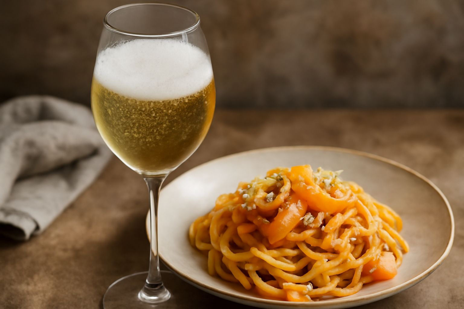 Calice di moscato spumante con bollicine visibili, colore giallo paglierino, servito freddo con gocce di condensazione, piatto di dolcetti al fondo e grappolo d'uva moscato sfocato sullo sfondo