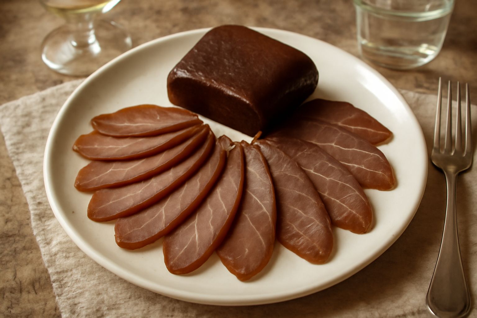 Mosciame intero di colore marrone scuro e affettato in fette sottili su un piatto bianco, accanto a limone tagliato e olio extravergine d'oliva in una ciotola