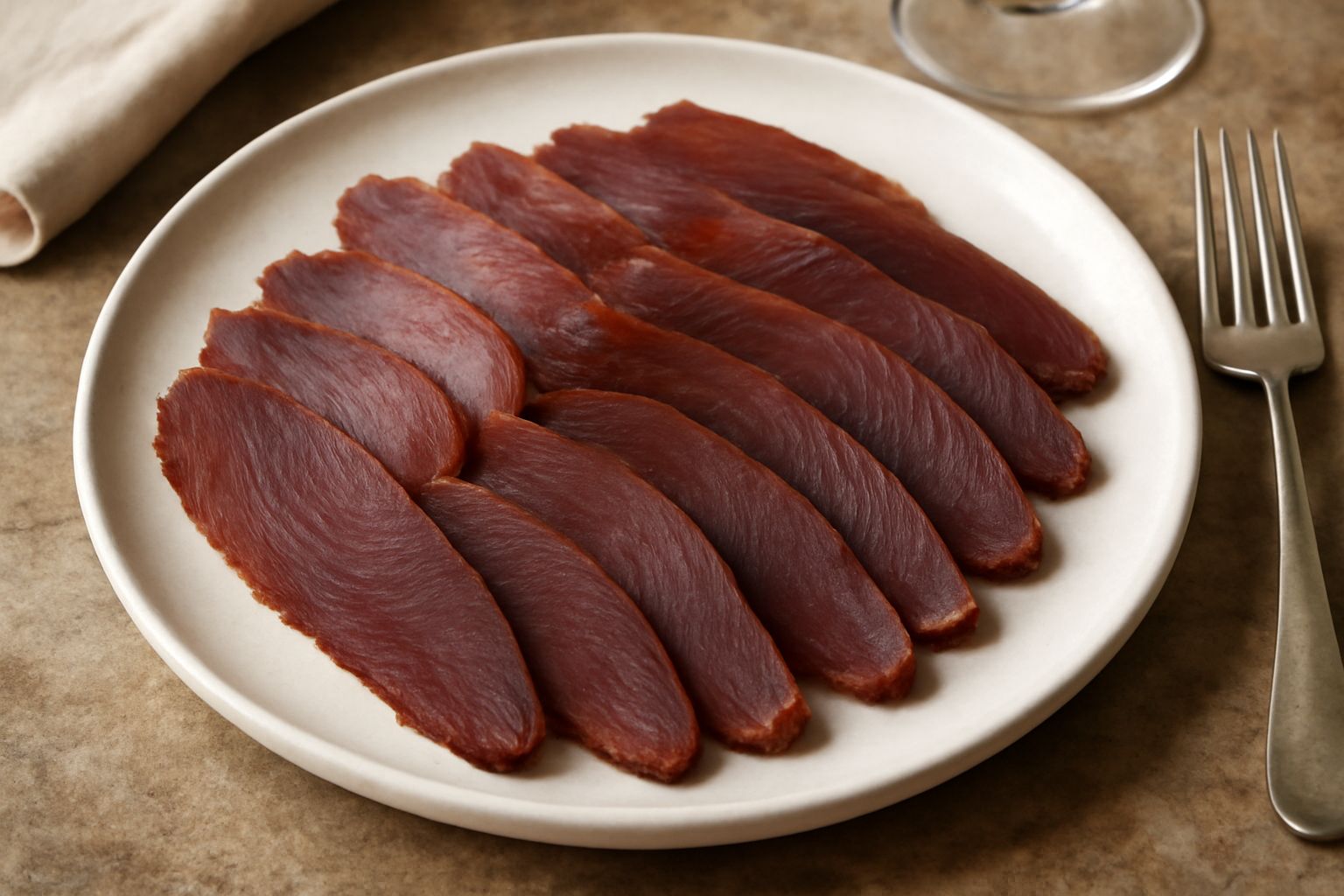 Fette di mosciame di tonno rosso scuro disposte a ventaglio su un piatto bianco, accanto a limone tagliato e olio d'oliva in una ciotola di ceramica