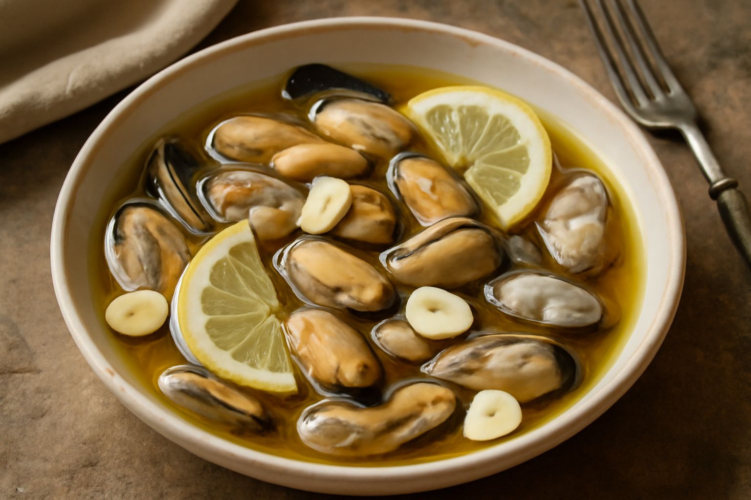 Ciotola di ceramica bianca con moscioli marinati color ambra e grigio-beige in olio trasparente, guarniti da prezzemolo verde fresco, limone affettato, peperoncino rosso e aglio visibile. Tavolo in le