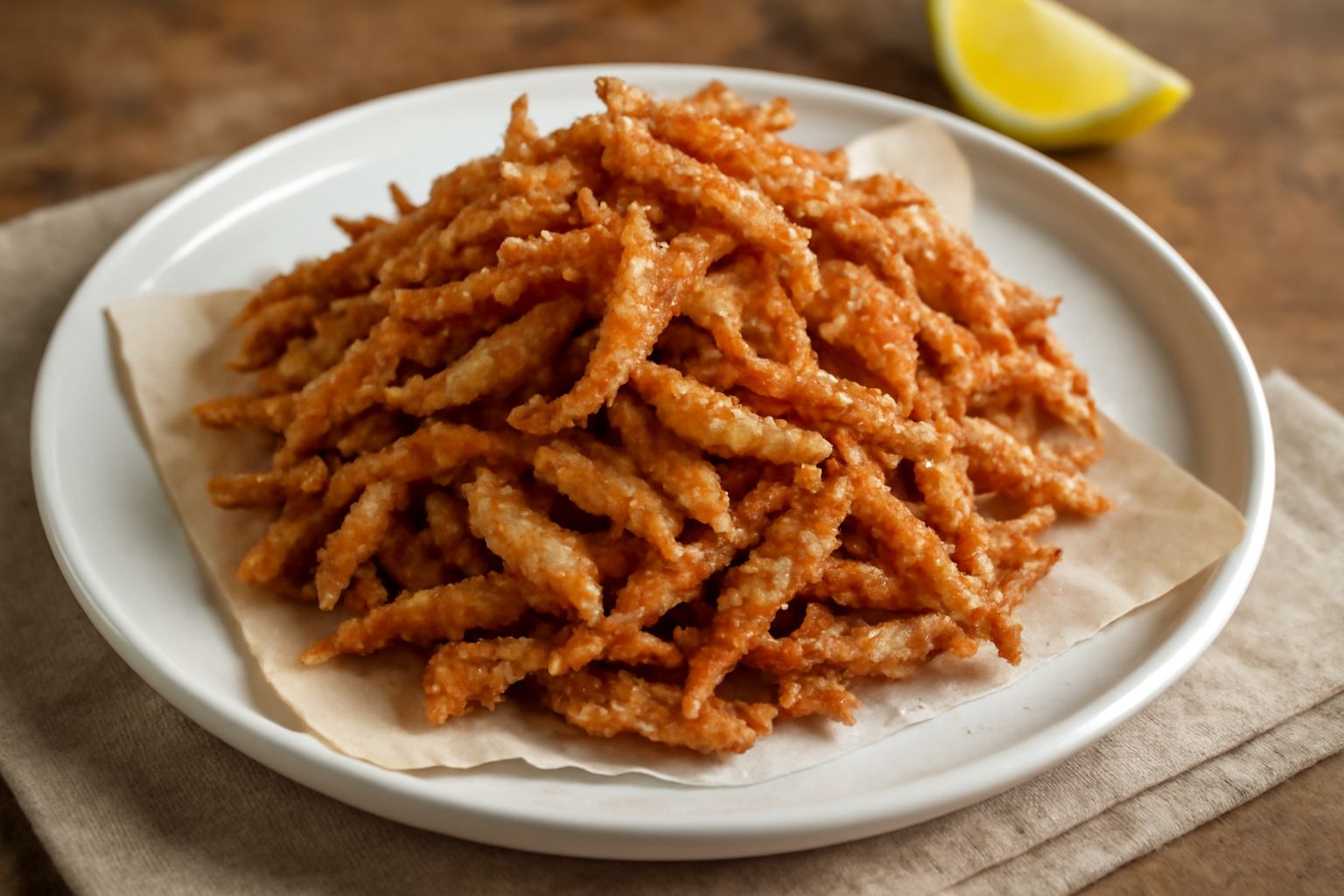 Mosciolini fritti dorati e croccanti su un piatto bianco, conditi con sale fino, limone fresco tagliato a spicchi, e una ciotola di salsa agrodolce sullo sfondo