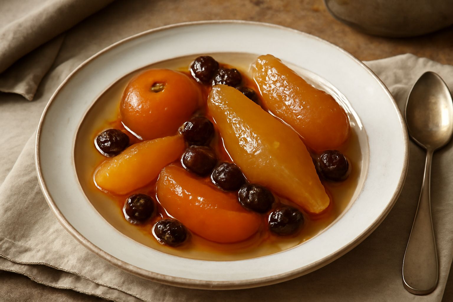 Vasetto di vetro con mostarda trasparente contenente pezzi interi di frutta (mele, pere, uva) su fondo dorato-ambrato, sormontato da un coperchio a vite, circondato da mele fresche intere su tavolo di